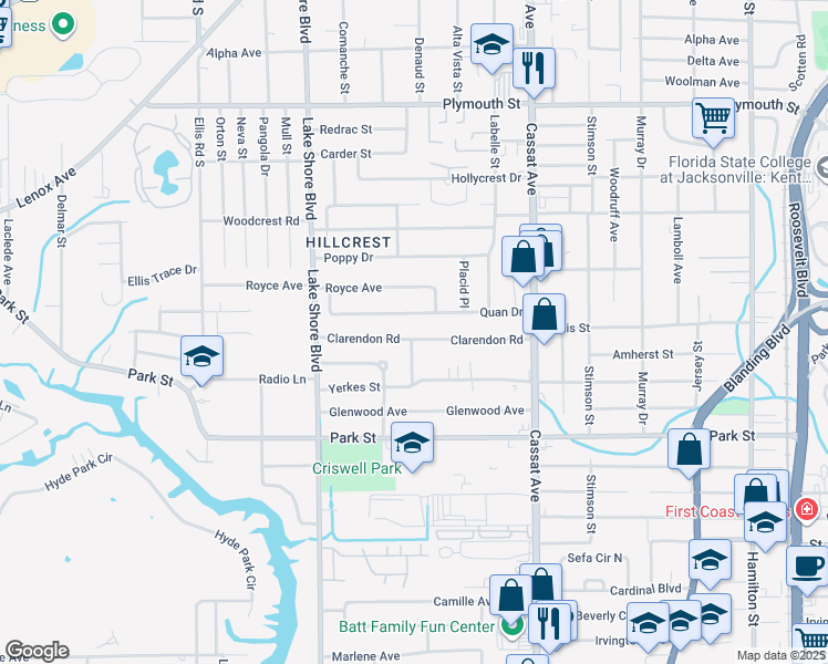 map of restaurants, bars, coffee shops, grocery stores, and more near 5233 Clarendon Road in Jacksonville