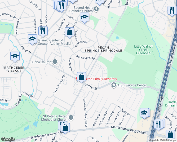 map of restaurants, bars, coffee shops, grocery stores, and more near 5223 Basswood Lane in Austin