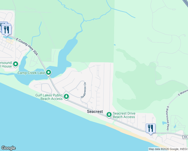 map of restaurants, bars, coffee shops, grocery stores, and more near 314 Seabreeze Boulevard in Panama City Beach
