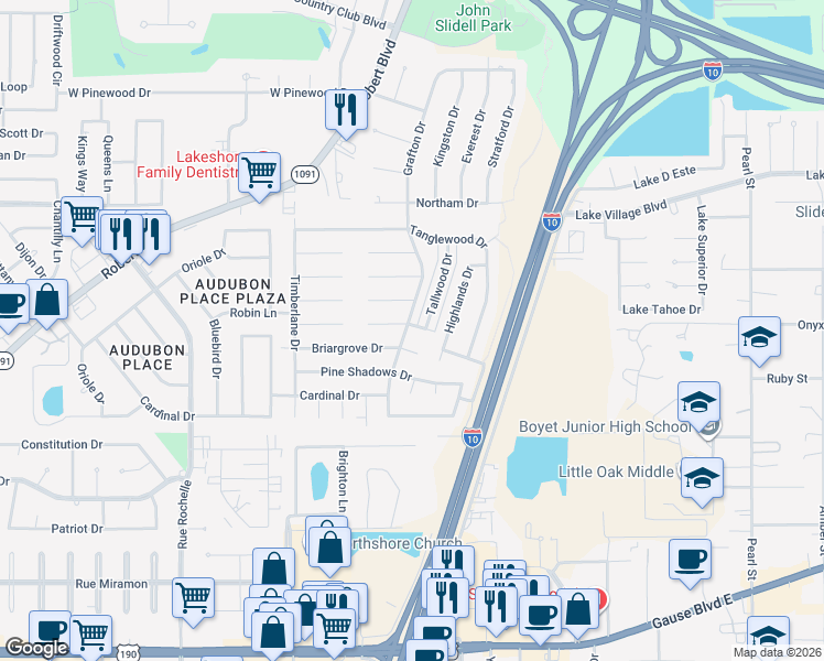 map of restaurants, bars, coffee shops, grocery stores, and more near 433 Live Oak Drive in Slidell