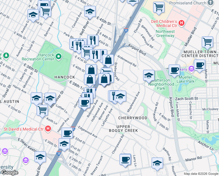 map of restaurants, bars, coffee shops, grocery stores, and more near 3909 North Interstate 35 Frontage Road in Austin