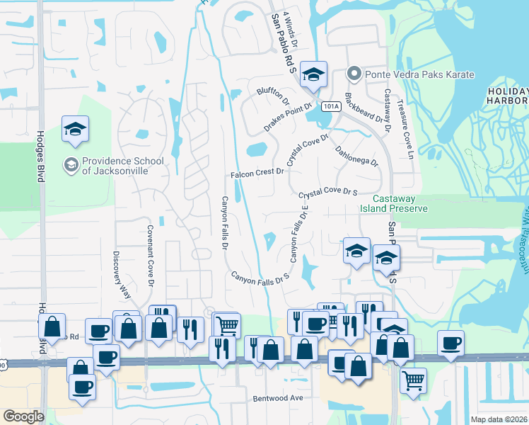 map of restaurants, bars, coffee shops, grocery stores, and more near 2889 Waverly Falls Court in Jacksonville