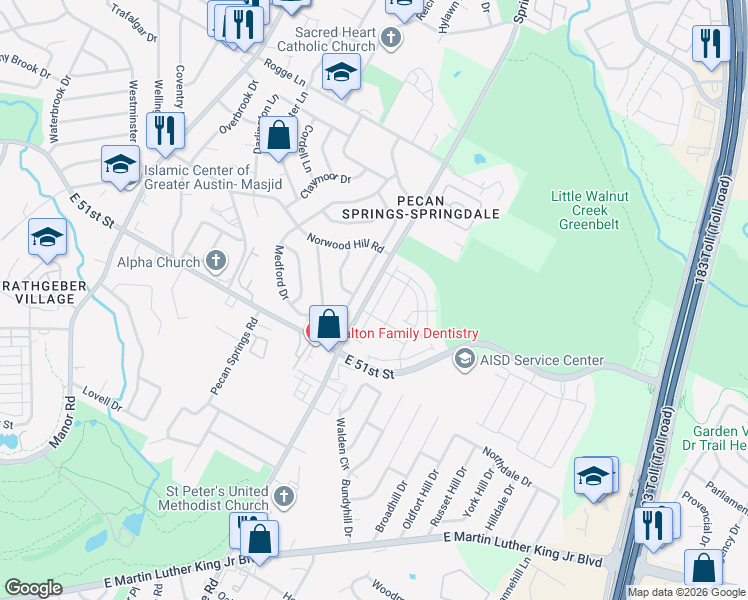 map of restaurants, bars, coffee shops, grocery stores, and more near 5223 Basswood Lane in Austin
