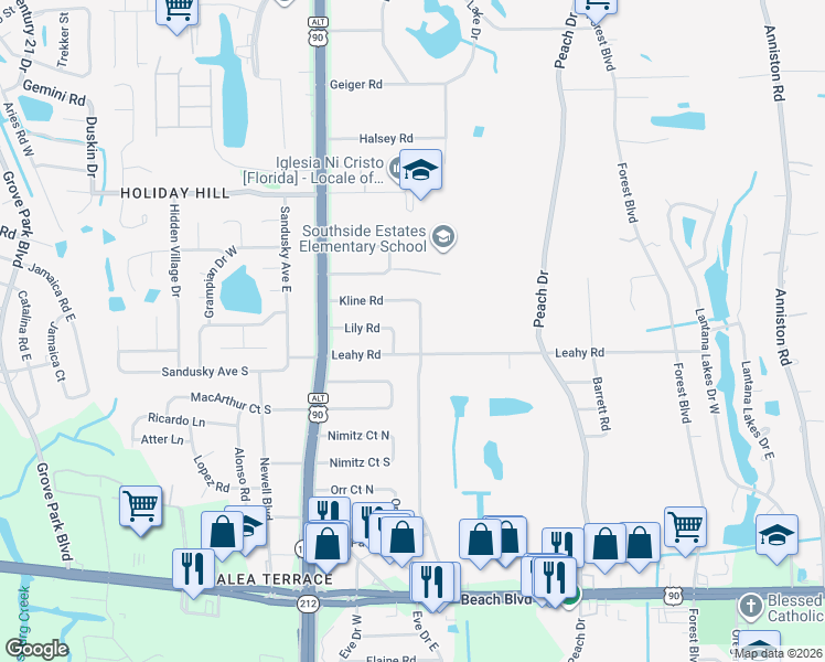 map of restaurants, bars, coffee shops, grocery stores, and more near 2728 Kline Road in Jacksonville