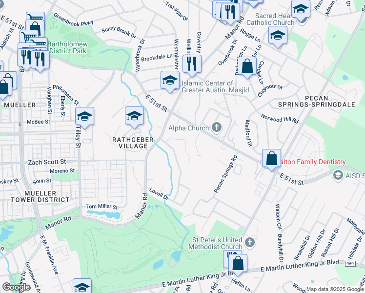 map of restaurants, bars, coffee shops, grocery stores, and more near 4808 Blueberry Trail in Austin