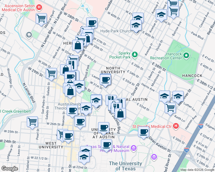 map of restaurants, bars, coffee shops, grocery stores, and more near 3115 Helms Street in Austin