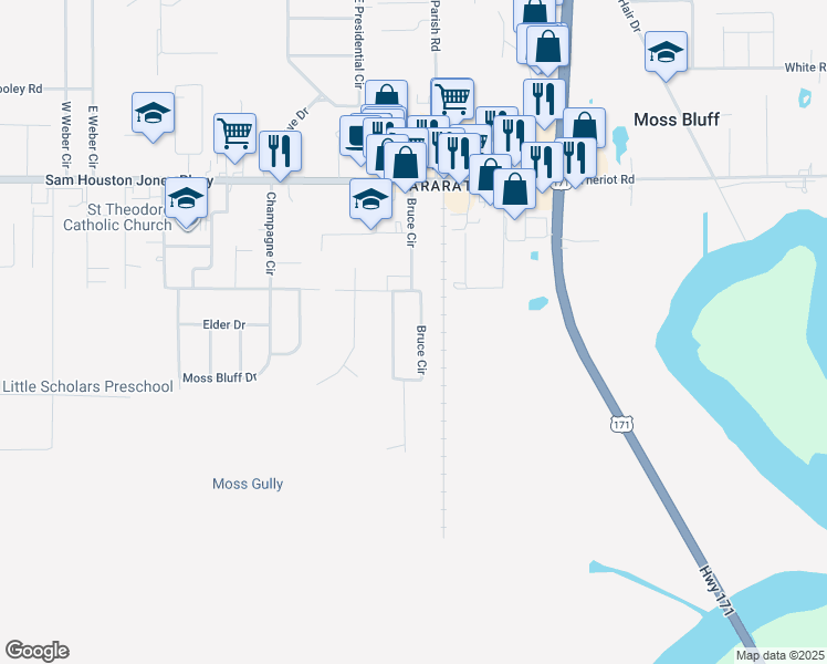map of restaurants, bars, coffee shops, grocery stores, and more near 385 Bruce Circle in Lake Charles