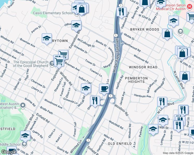map of restaurants, bars, coffee shops, grocery stores, and more near 2104 Bowman Avenue in Austin