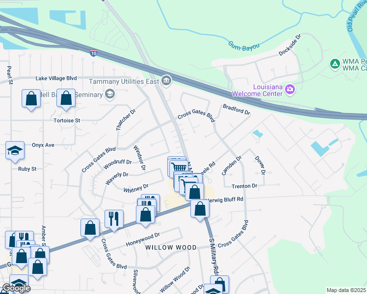 map of restaurants, bars, coffee shops, grocery stores, and more near 222 North Military Road in Slidell