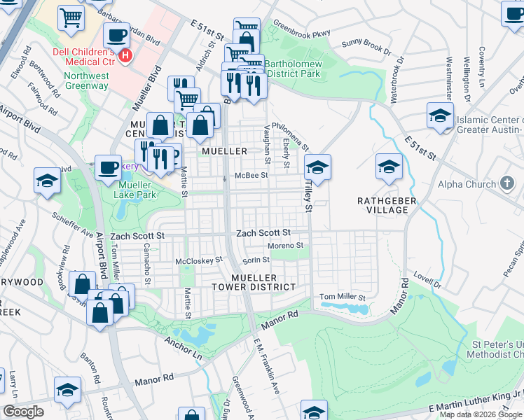 map of restaurants, bars, coffee shops, grocery stores, and more near 4709 Camacho Street in Austin