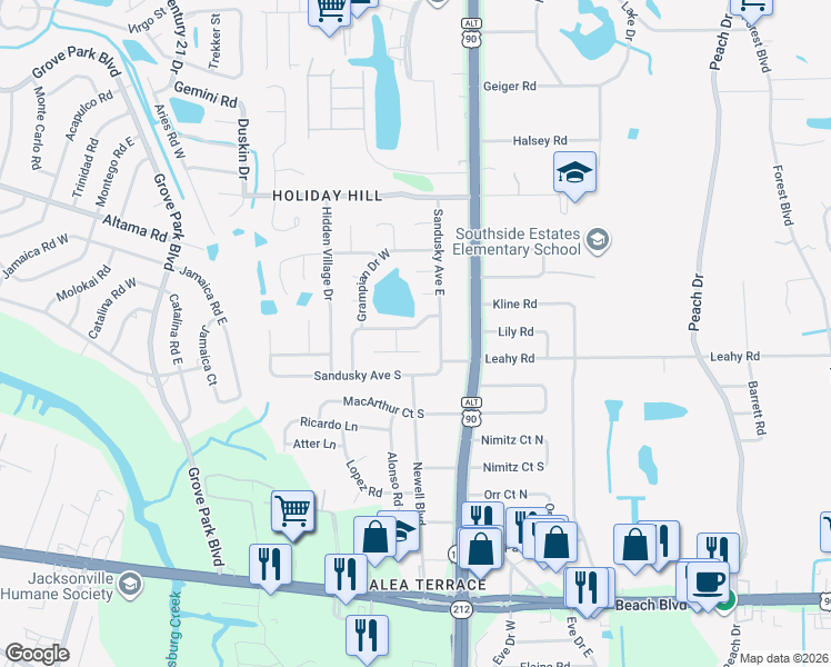 map of restaurants, bars, coffee shops, grocery stores, and more near 8960 Winrock Drive West in Jacksonville