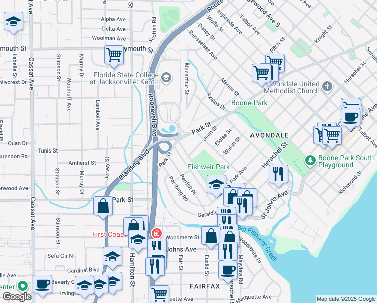 map of restaurants, bars, coffee shops, grocery stores, and more near 3957 Jean Street in Jacksonville