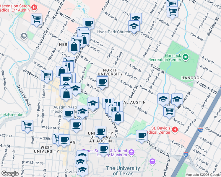 map of restaurants, bars, coffee shops, grocery stores, and more near 3115 Helms Street in Austin