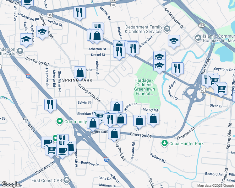 map of restaurants, bars, coffee shops, grocery stores, and more near 3036 Nain Road in Jacksonville