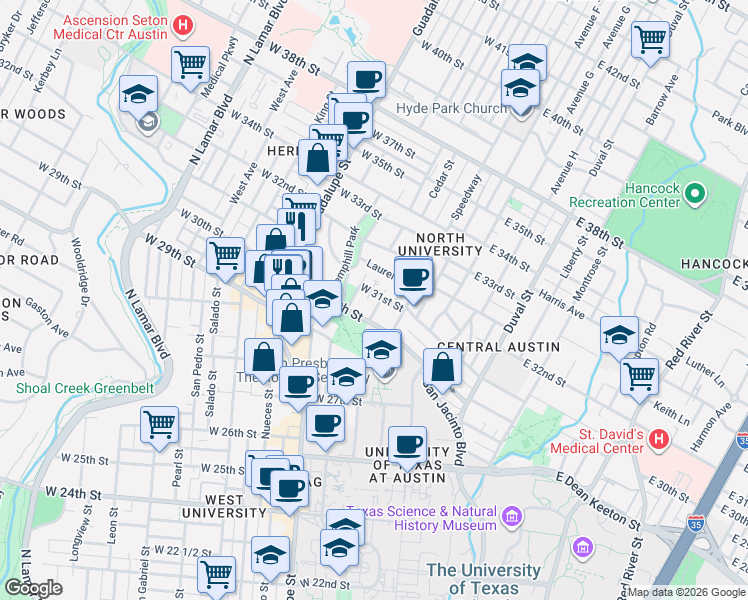 map of restaurants, bars, coffee shops, grocery stores, and more near 201 West 31st Street in Austin