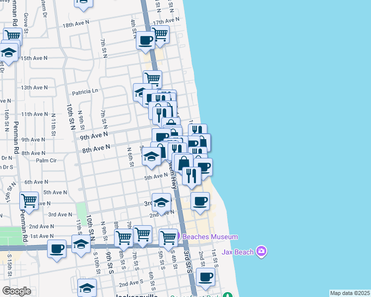 map of restaurants, bars, coffee shops, grocery stores, and more near 160 7th Avenue North in Jacksonville Beach