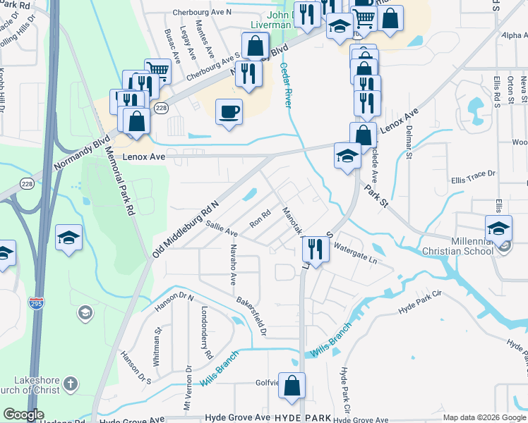 map of restaurants, bars, coffee shops, grocery stores, and more near 1435 Ron Road in Jacksonville