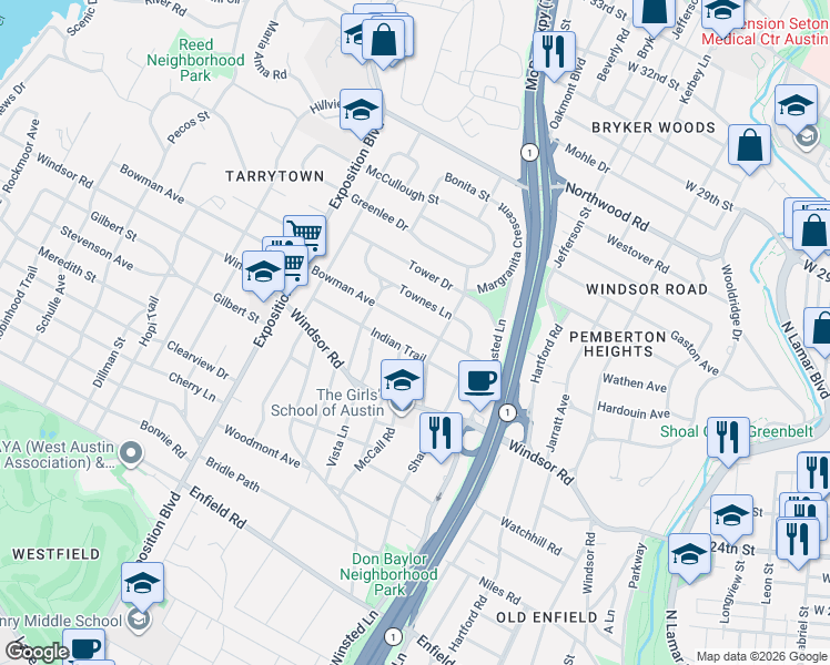 map of restaurants, bars, coffee shops, grocery stores, and more near 2207 Bowman Avenue in Austin