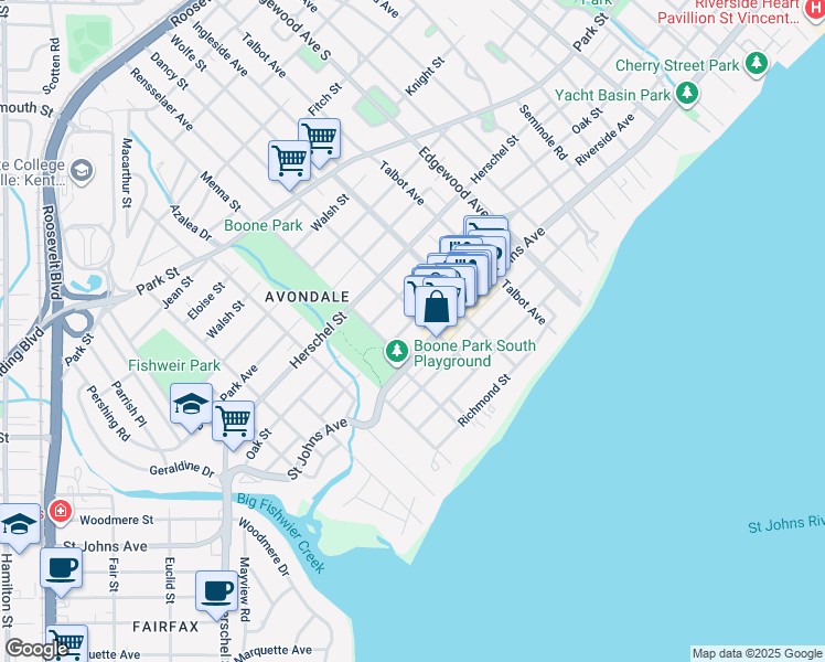 map of restaurants, bars, coffee shops, grocery stores, and more near 3668 Riverside Avenue in Jacksonville