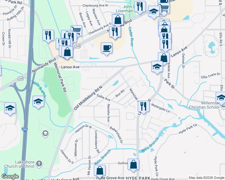map of restaurants, bars, coffee shops, grocery stores, and more near 1459 Winnebago Avenue in Jacksonville