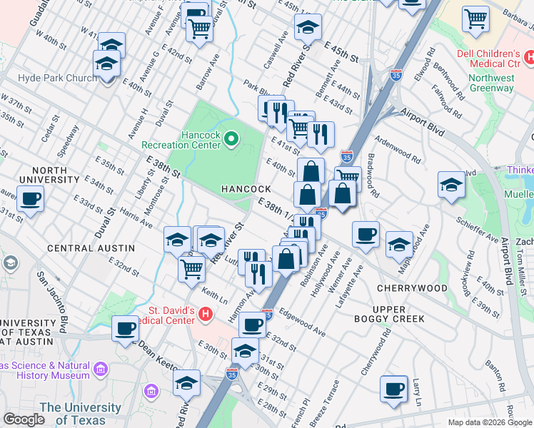 map of restaurants, bars, coffee shops, grocery stores, and more near 1000 East 38th Street in Austin