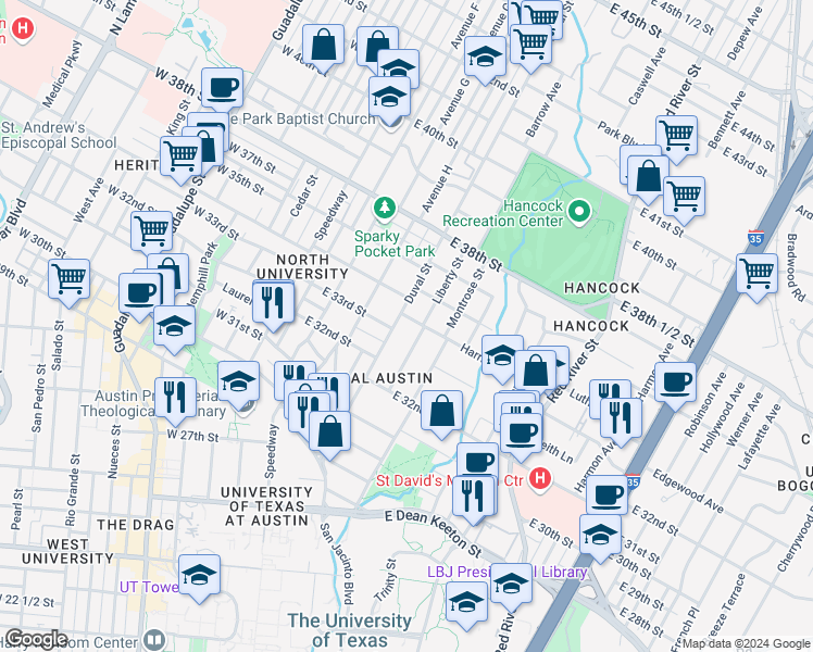 map of restaurants, bars, coffee shops, grocery stores, and more near 509 Harris Avenue in Austin
