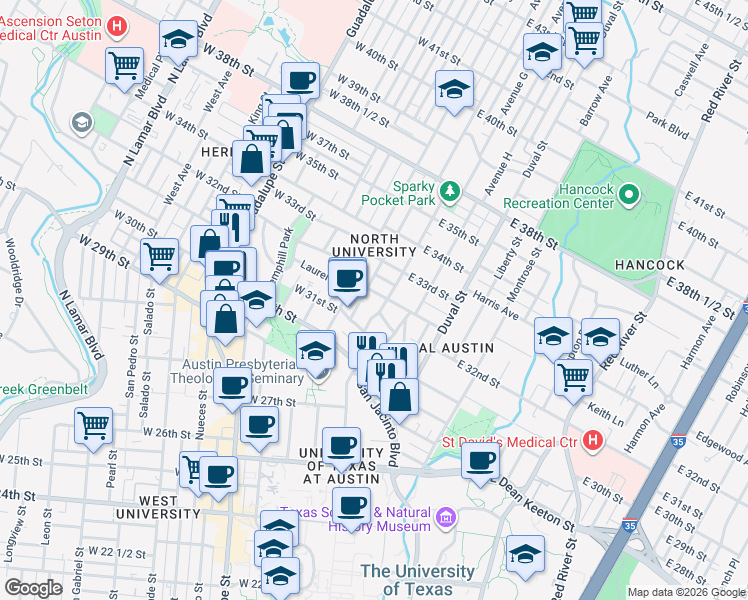 map of restaurants, bars, coffee shops, grocery stores, and more near 3115 Helms Street in Austin