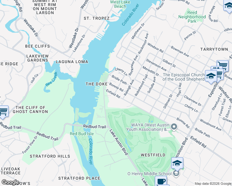 map of restaurants, bars, coffee shops, grocery stores, and more near 1501 Rockmoor Avenue in Austin