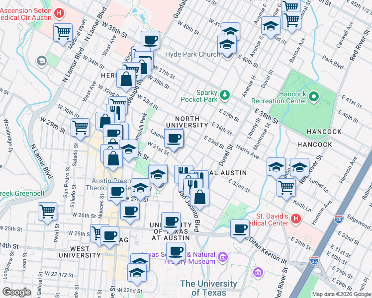 map of restaurants, bars, coffee shops, grocery stores, and more near 3115 Helms Street in Austin