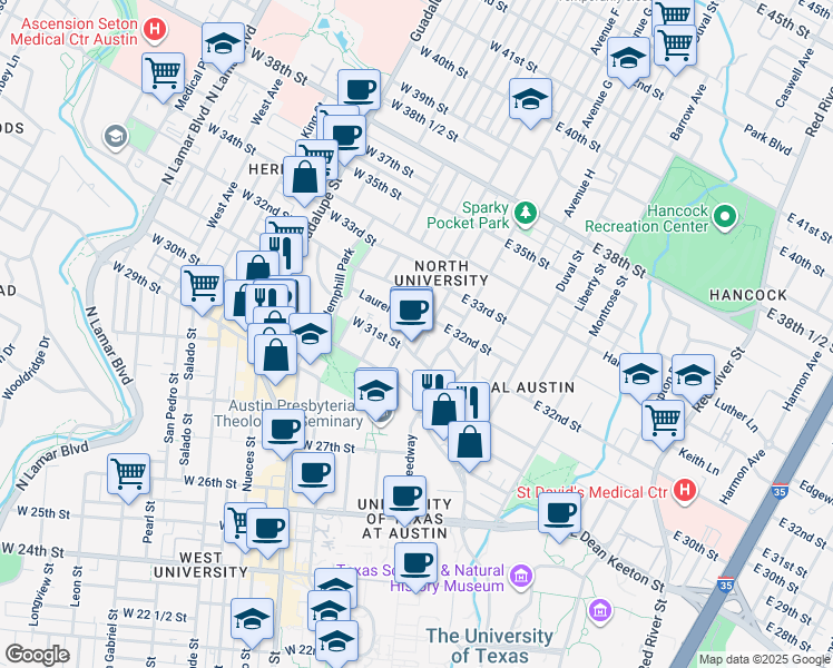 map of restaurants, bars, coffee shops, grocery stores, and more near 3107 Speedway in Austin
