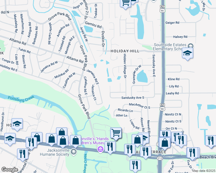 map of restaurants, bars, coffee shops, grocery stores, and more near 2742 Sandusky Avenue West in Jacksonville