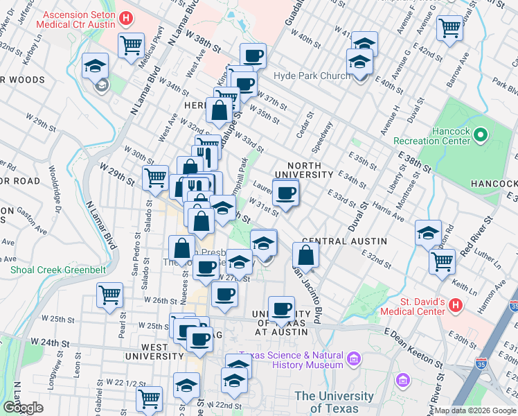 map of restaurants, bars, coffee shops, grocery stores, and more near 203 West 31st Street in Austin