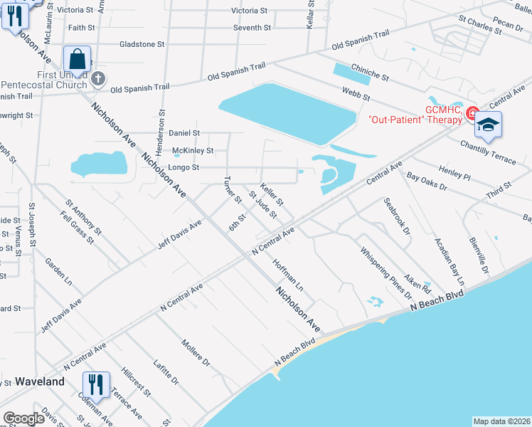 map of restaurants, bars, coffee shops, grocery stores, and more near 409 Saint Jude Street in Waveland