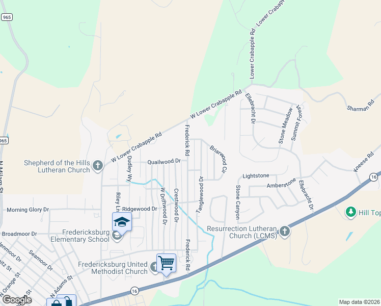 map of restaurants, bars, coffee shops, grocery stores, and more near 307 Tanglewood Drive in Fredericksburg