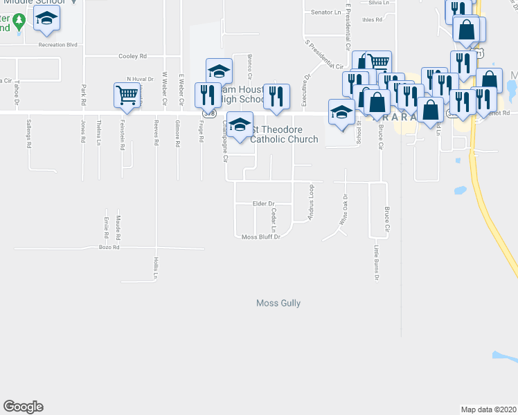 map of restaurants, bars, coffee shops, grocery stores, and more near 308 Tupelo Lane in Lake Charles
