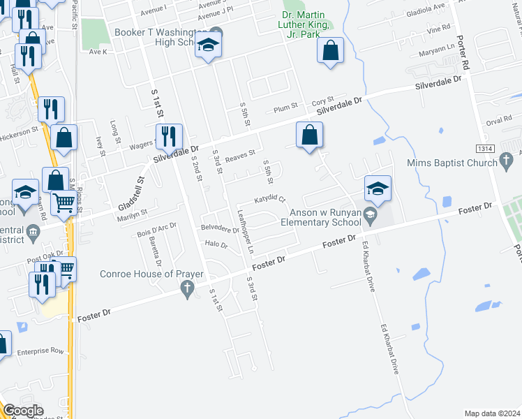 map of restaurants, bars, coffee shops, grocery stores, and more near 811 Lovebug Lane in Conroe