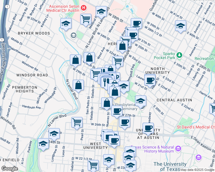 map of restaurants, bars, coffee shops, grocery stores, and more near 2900 Guadalupe Street in Austin