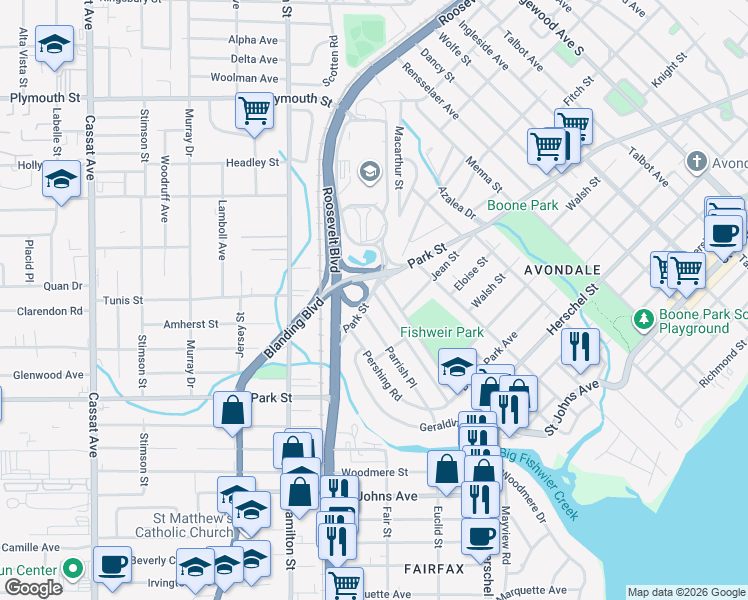 map of restaurants, bars, coffee shops, grocery stores, and more near 1504 Charon Road in Jacksonville