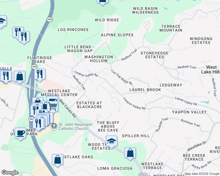 map of restaurants, bars, coffee shops, grocery stores, and more near 1107 Yaupon Valley Road in West Lake Hills