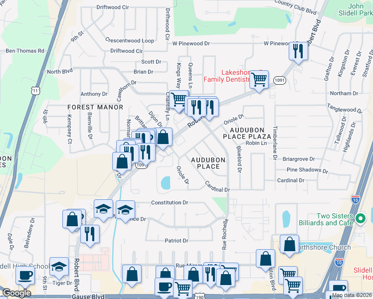 map of restaurants, bars, coffee shops, grocery stores, and more near 248 Oriole Drive in Slidell