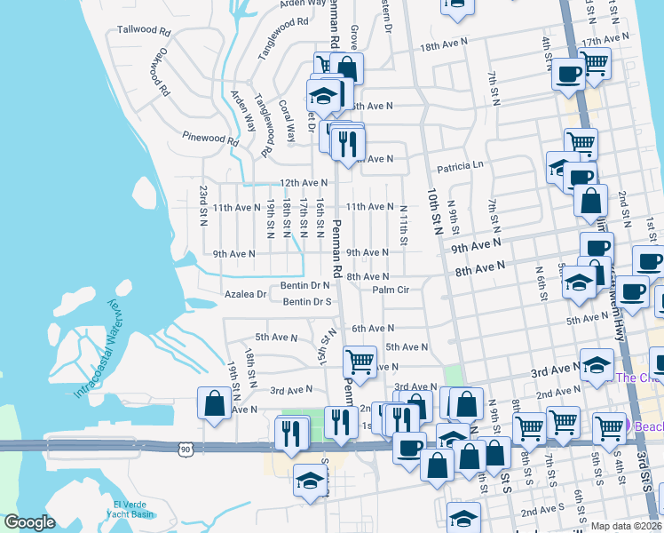 map of restaurants, bars, coffee shops, grocery stores, and more near 912 Penman Road in Jacksonville Beach