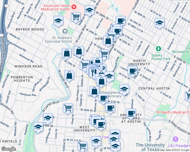map of restaurants, bars, coffee shops, grocery stores, and more near 2900 Guadalupe Street in Austin
