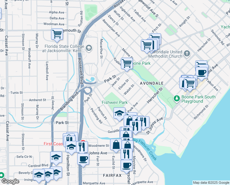 map of restaurants, bars, coffee shops, grocery stores, and more near 1562 Glendale Street in Jacksonville