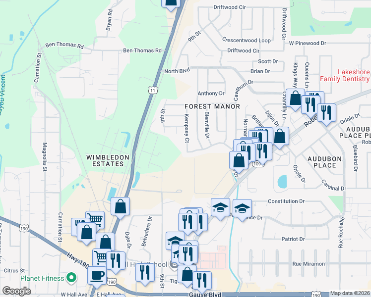 map of restaurants, bars, coffee shops, grocery stores, and more near 103 Kempsey Court in Slidell