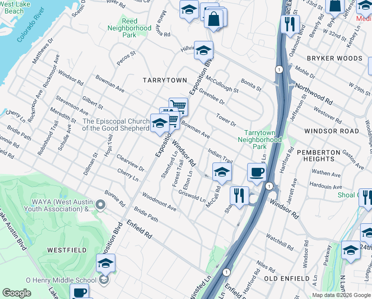 map of restaurants, bars, coffee shops, grocery stores, and more near 3009 Windsor Road in Austin