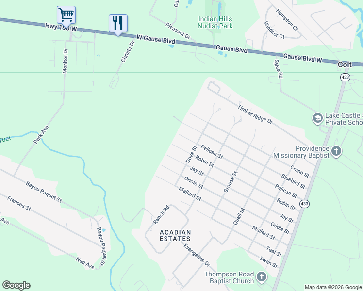 map of restaurants, bars, coffee shops, grocery stores, and more near 2521 Robin Street in Slidell