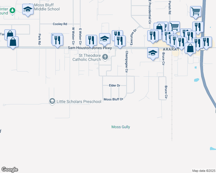 map of restaurants, bars, coffee shops, grocery stores, and more near 554-562 Moss Bluff Dr in Moss Bluff