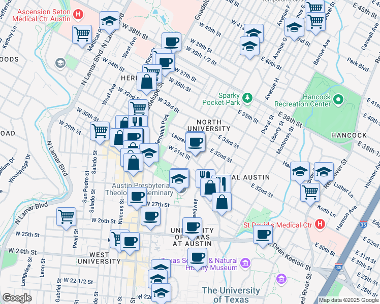 map of restaurants, bars, coffee shops, grocery stores, and more near 3100 Speedway in Austin