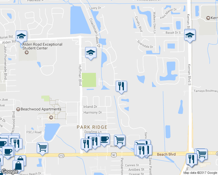 map of restaurants, bars, coffee shops, grocery stores, and more near 12056 Coachman Lakes Way in Jacksonville