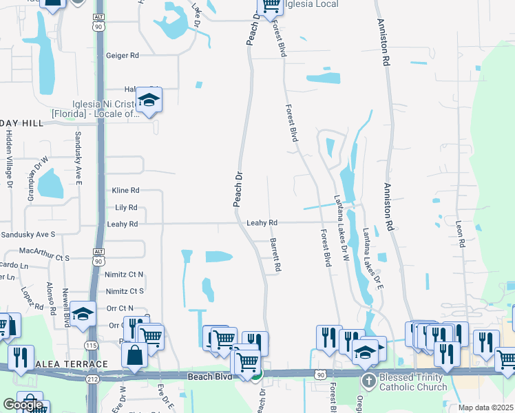 map of restaurants, bars, coffee shops, grocery stores, and more near 9919 Leahy Road in Jacksonville